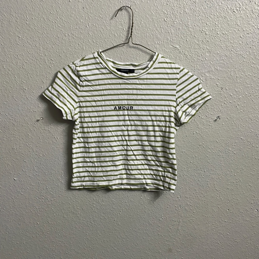 Forever 21 white shirt, sage green striped amour letter written